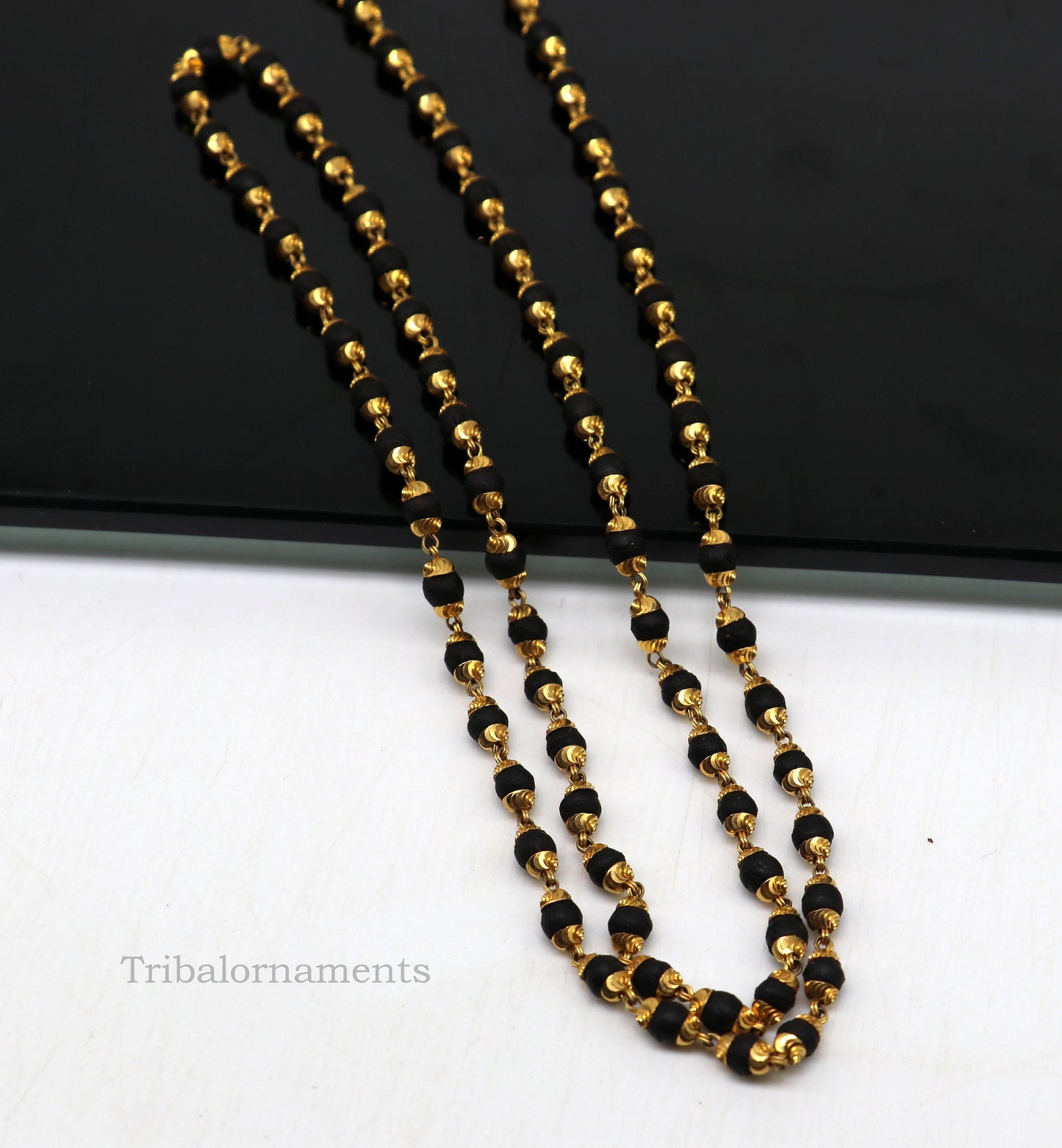 22kt yellow gold hallmarked 4mm Black basil rosary chain necklace, Gorgeous customized beaded chain, excellent wedding gifting jewelry ch263 - TRIBAL ORNAMENTS