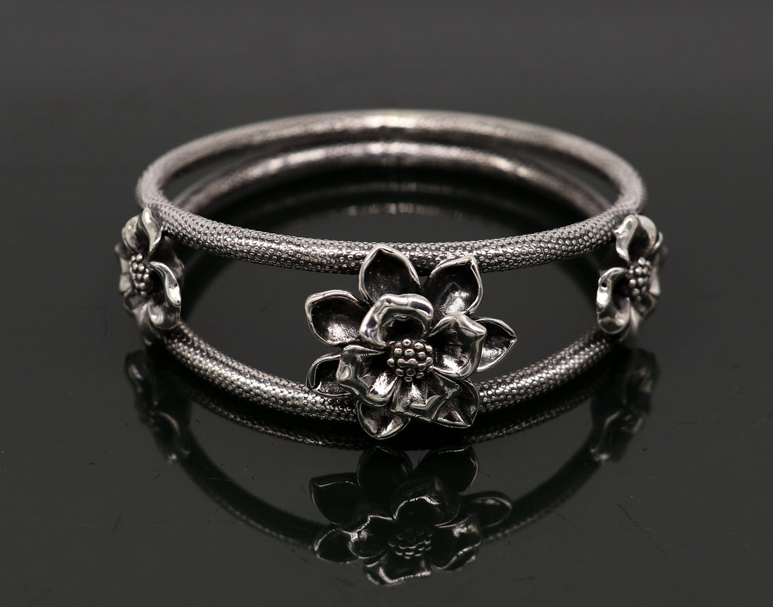 925 sterling silver handmade fabulous flower work vintage design bangle bracelet, excellent traditional style wedding jewelry nba157 - TRIBAL ORNAMENTS