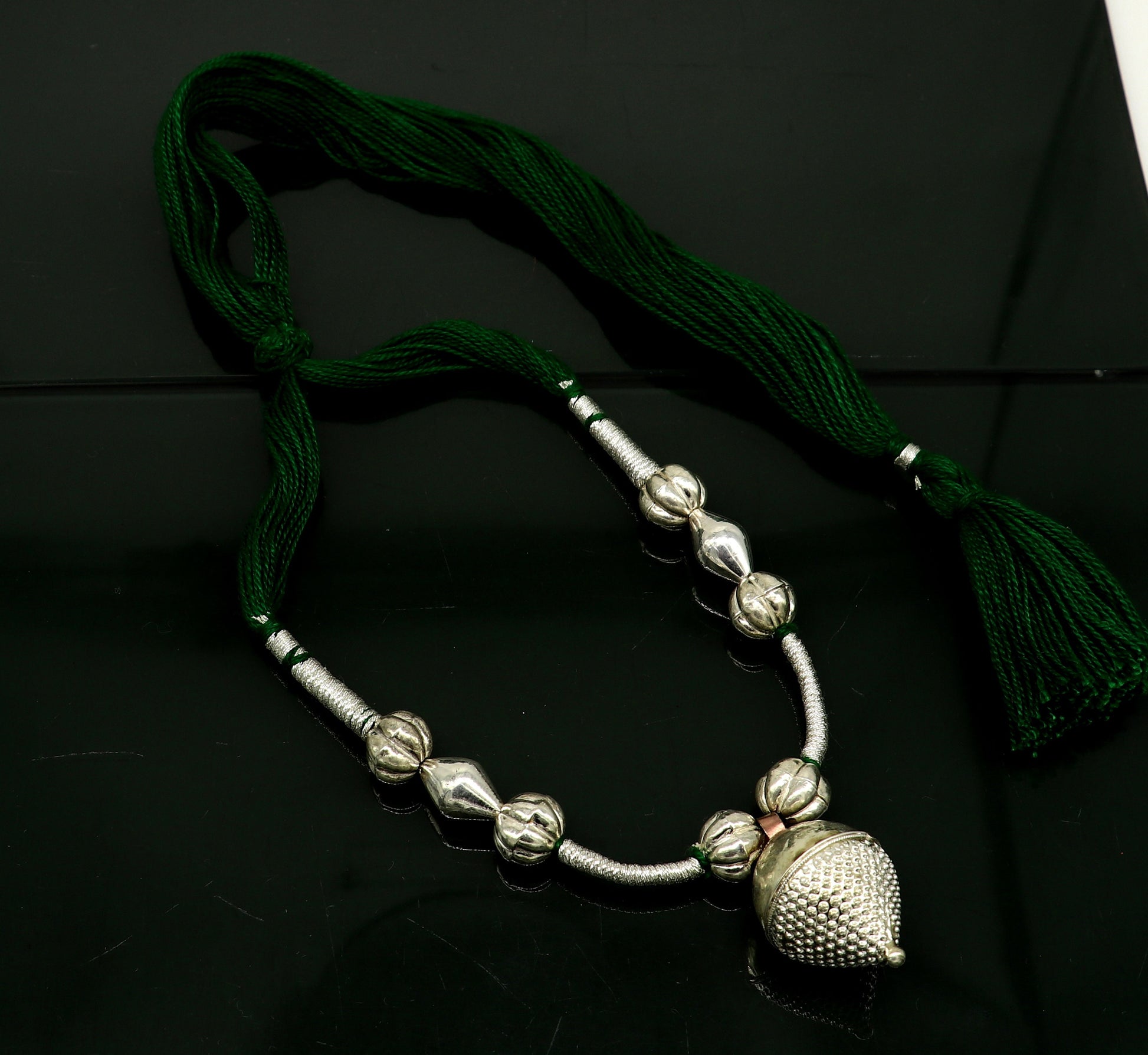 Amazing customized vintage style Sterling silver beads with Green thread charm necklace, wedding choker tribal adjustable jewelry set190 - TRIBAL ORNAMENTS