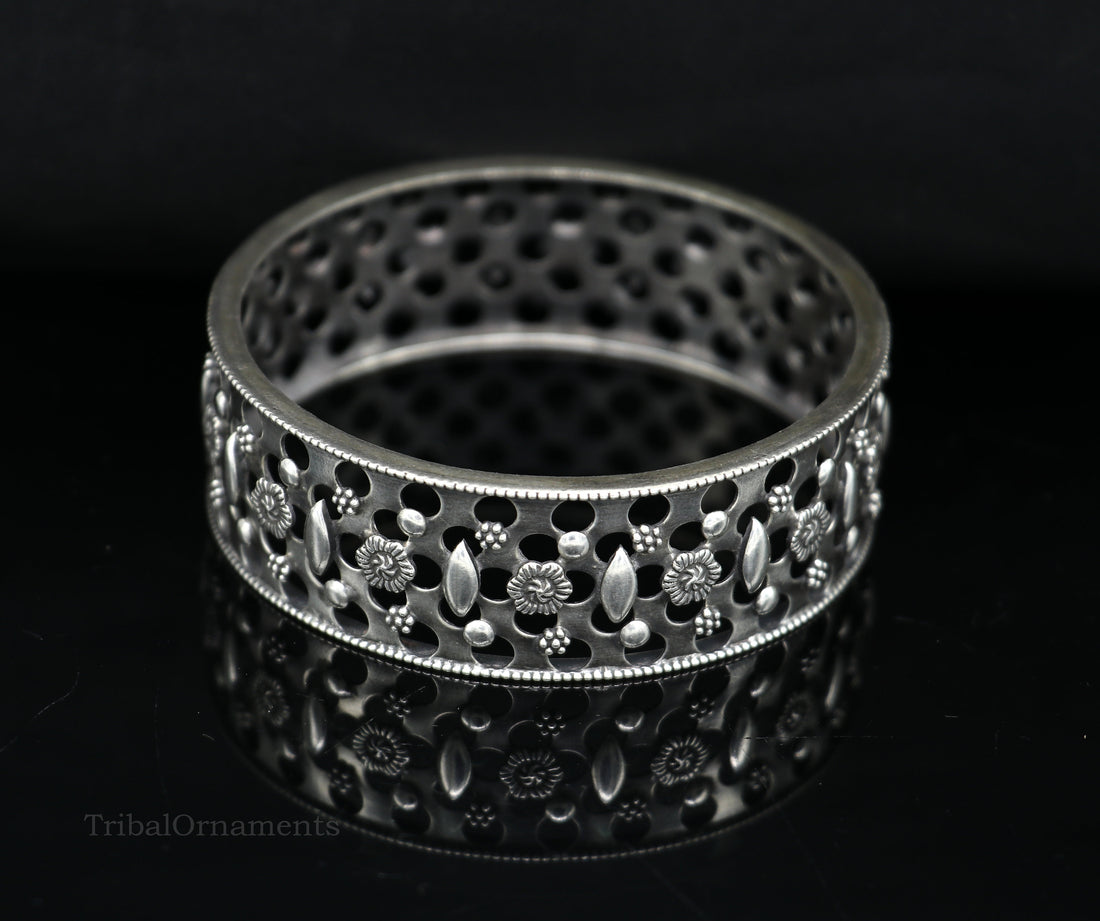 925 sterling silver handmade unique design floral bangle bracelet kada, customized bangle for girls who like vintage tribal style nba154 - TRIBAL ORNAMENTS