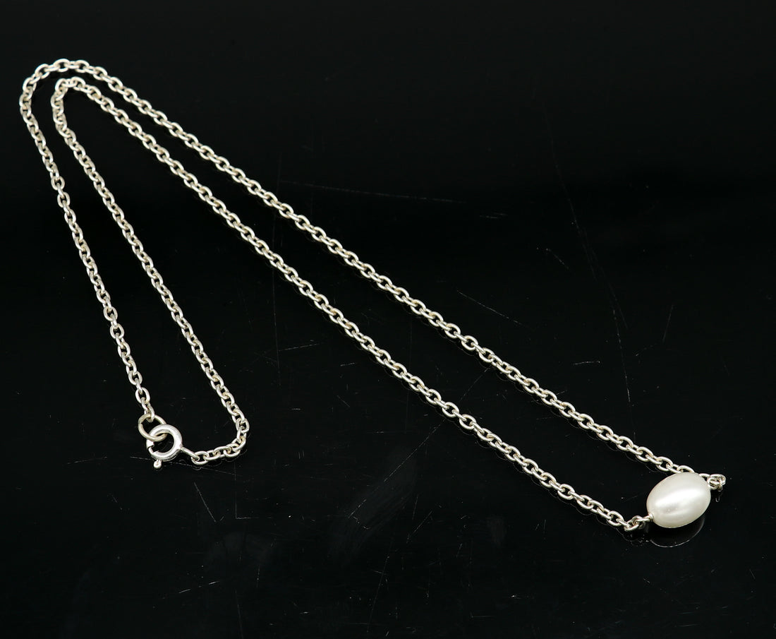 925 sterling silver cutom chain necklace with gorgeous tiny  pearl pendant, best gifting elegant necklace tribal necklace nec165 - TRIBAL ORNAMENTS