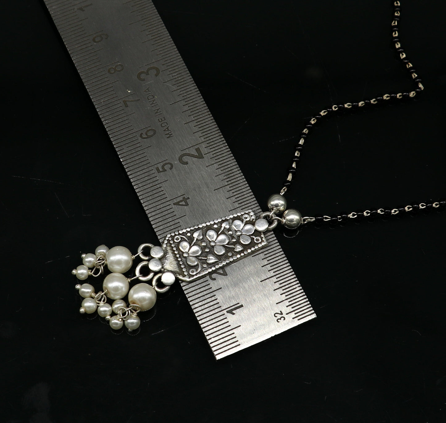 925 sterling silver custom floral design beaded chain necklace with gorgeous pearl pendant, best gifting necklace tribal necklace nec169 - TRIBAL ORNAMENTS