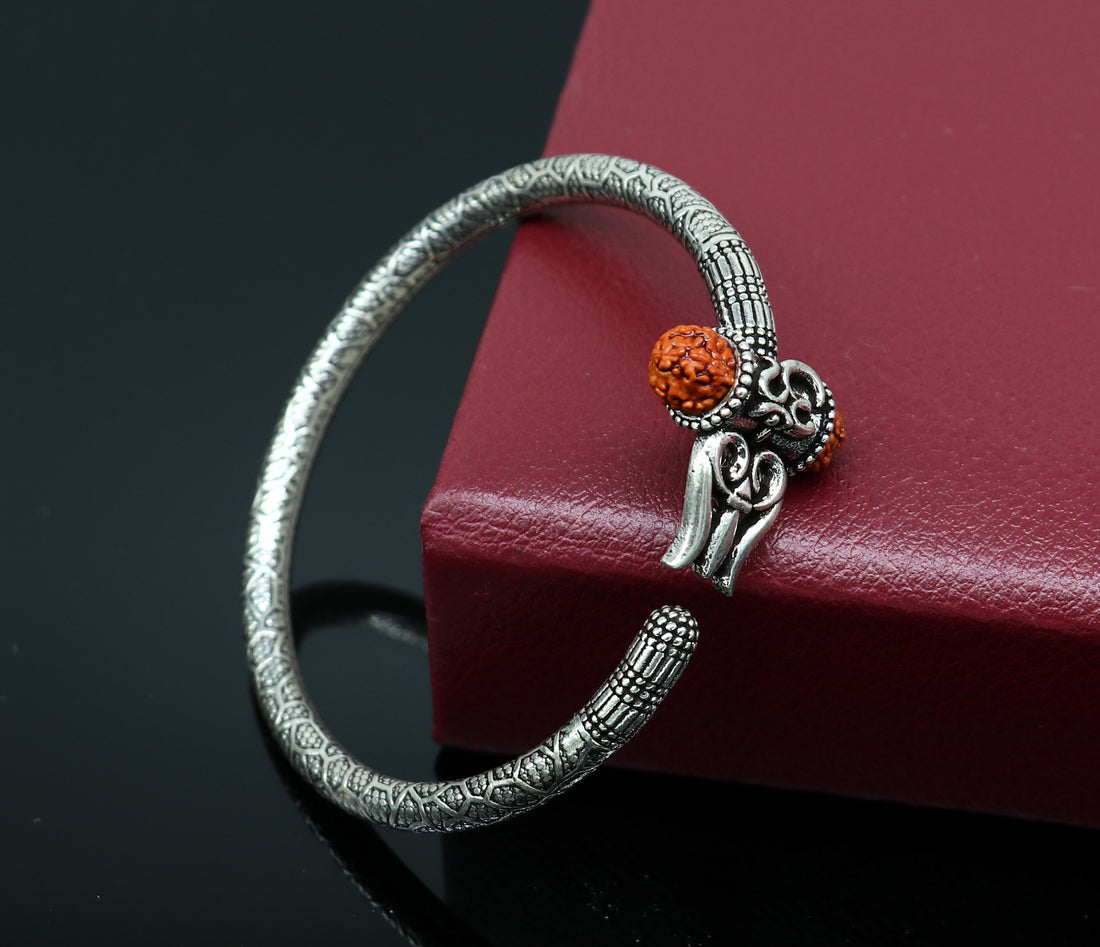 925 Sterling silver handmade Shiva trident trishul kada bangle bracelet with natural Rudraksha best customized unisex kada gifting nsk361 - TRIBAL ORNAMENTS