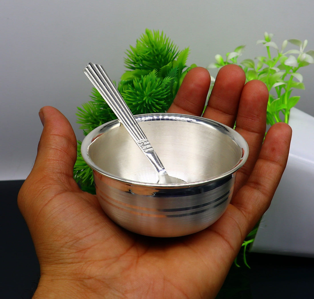 999 pure sterling silver handmade solid silver bowl & spoon, healthy serving bowl, silver vessel, baby serving food utensils baby set sv191 - TRIBAL ORNAMENTS