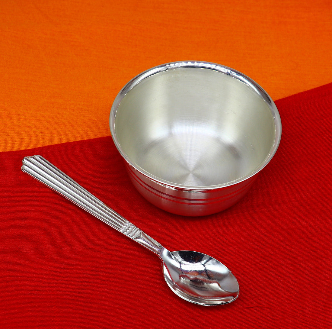 999 pure sterling silver handmade solid silver bowl & spoon, healthy serving bowl, silver vessel, baby serving food utensils baby set sv192 - TRIBAL ORNAMENTS