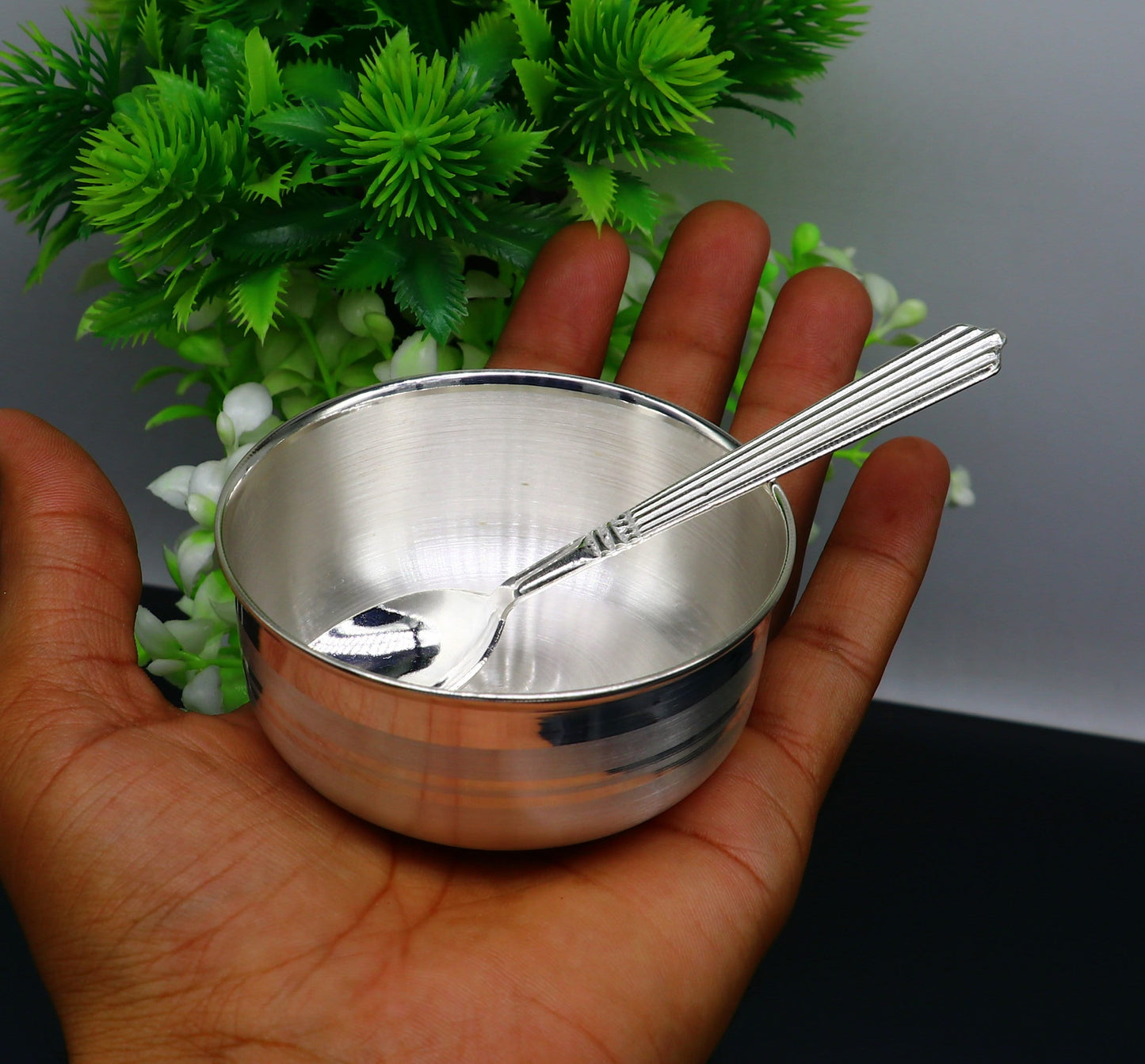 999 pure sterling silver handmade solid silver bowl & spoon, healthy serving bowl, silver vessel, baby serving food utensils baby set sv193 - TRIBAL ORNAMENTS