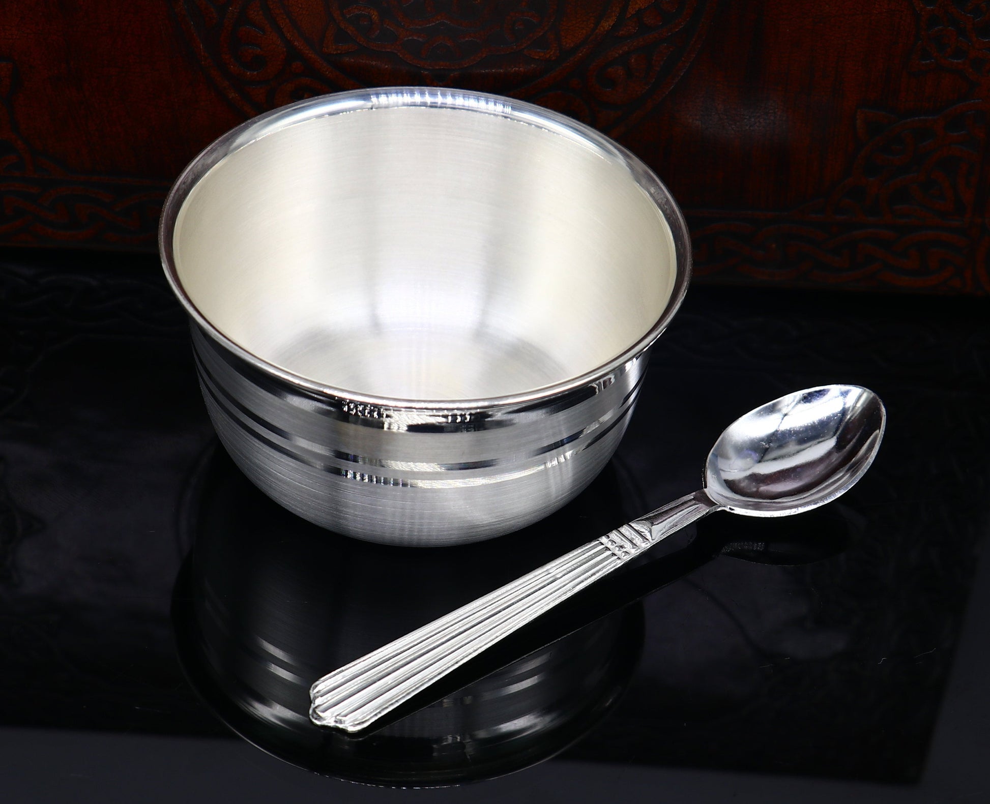 Pure 999 fine silver bowl and spoon, silver baby dinner set, baby utensils  sv43