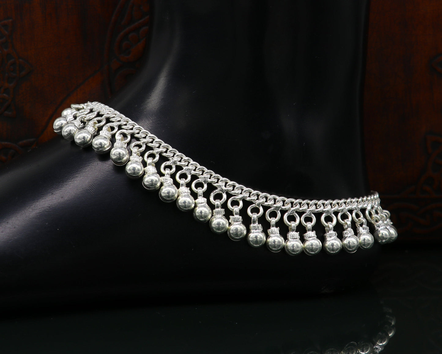 10.5" Vintage antique style sterling silver handmade solid chain ankle bracelet with amazing noisy jingle bells belly genuine jewelry ank379 - TRIBAL ORNAMENTS