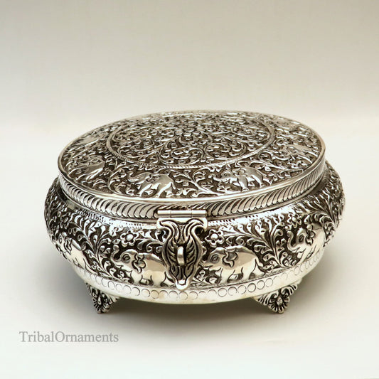 925 sterling silver Vintage nakshi work design handmade round dry fruit box, container casket box, best brides gift, corporation gift box07 - TRIBAL ORNAMENTS