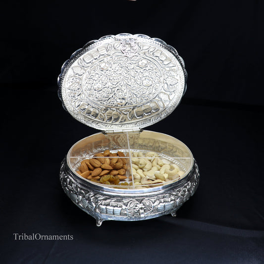 925 sterling silver Vintage nakshi work design handmade round dry fruit box, container casket box, best brides gift, corporation gift box08 - TRIBAL ORNAMENTS