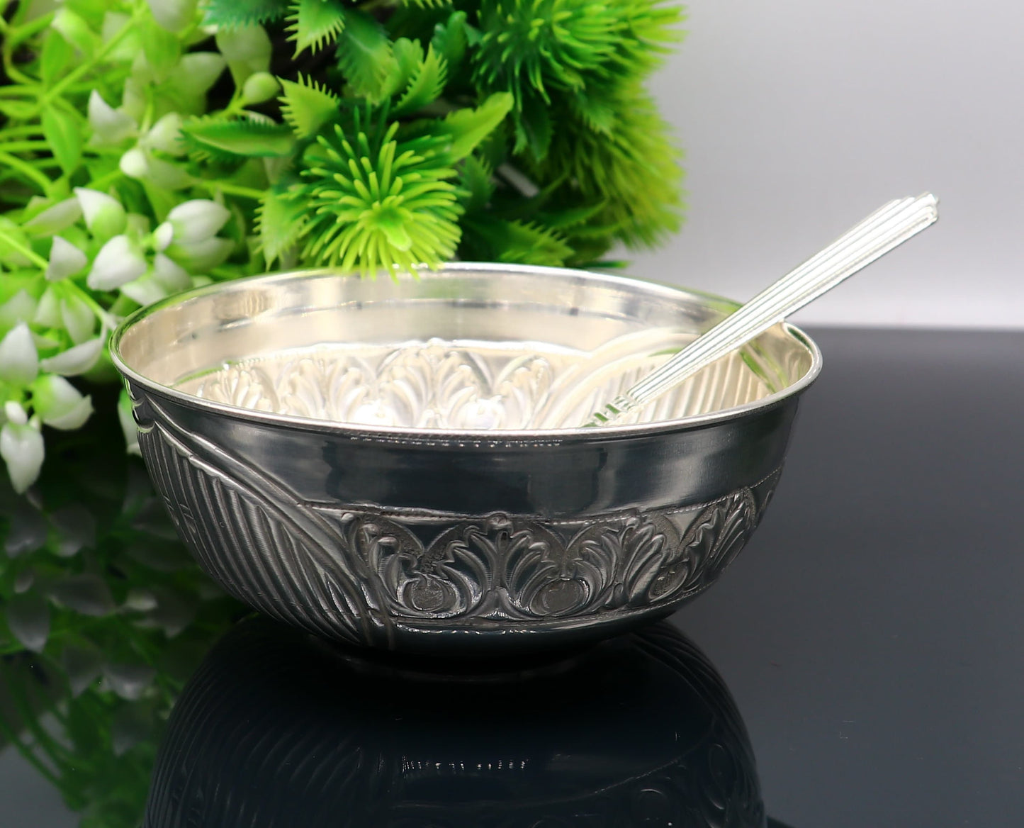 999 fine silver exclusive handcrafted work baby bowl and spoon set, puja utensils, silver article, silver utensils, silver vessel baby sv210 - TRIBAL ORNAMENTS