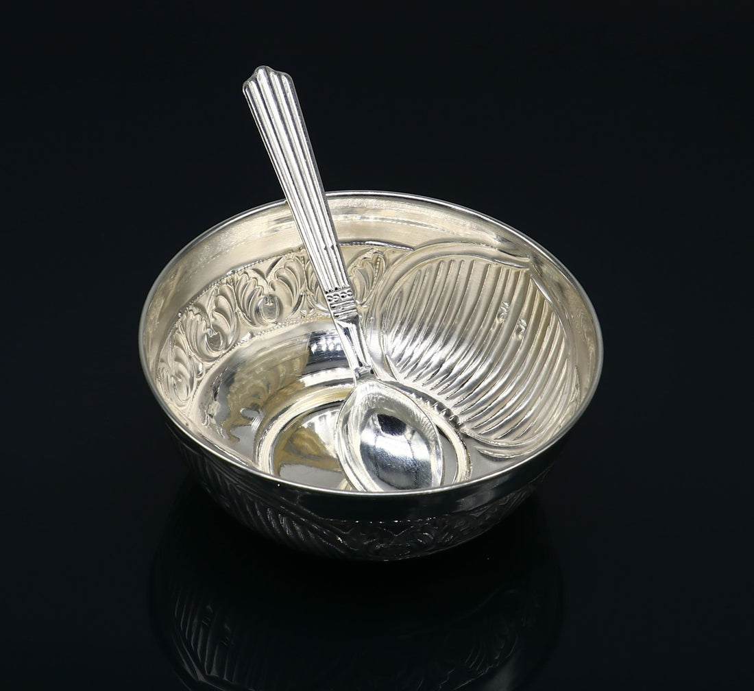 999 fine silver exclusive handcrafted work baby bowl and spoon set, puja utensils, silver article, silver utensils, silver vessel baby sv210 - TRIBAL ORNAMENTS