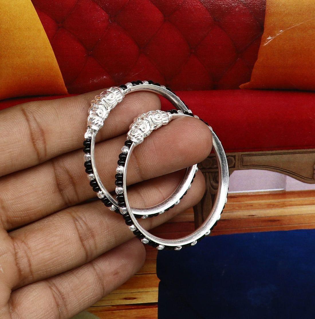 Vintage style handmade crocodile face sterling silver bangle bracelet silver beads customized evil eye nazariya tribal kids jewelry bbk87 - TRIBAL ORNAMENTS