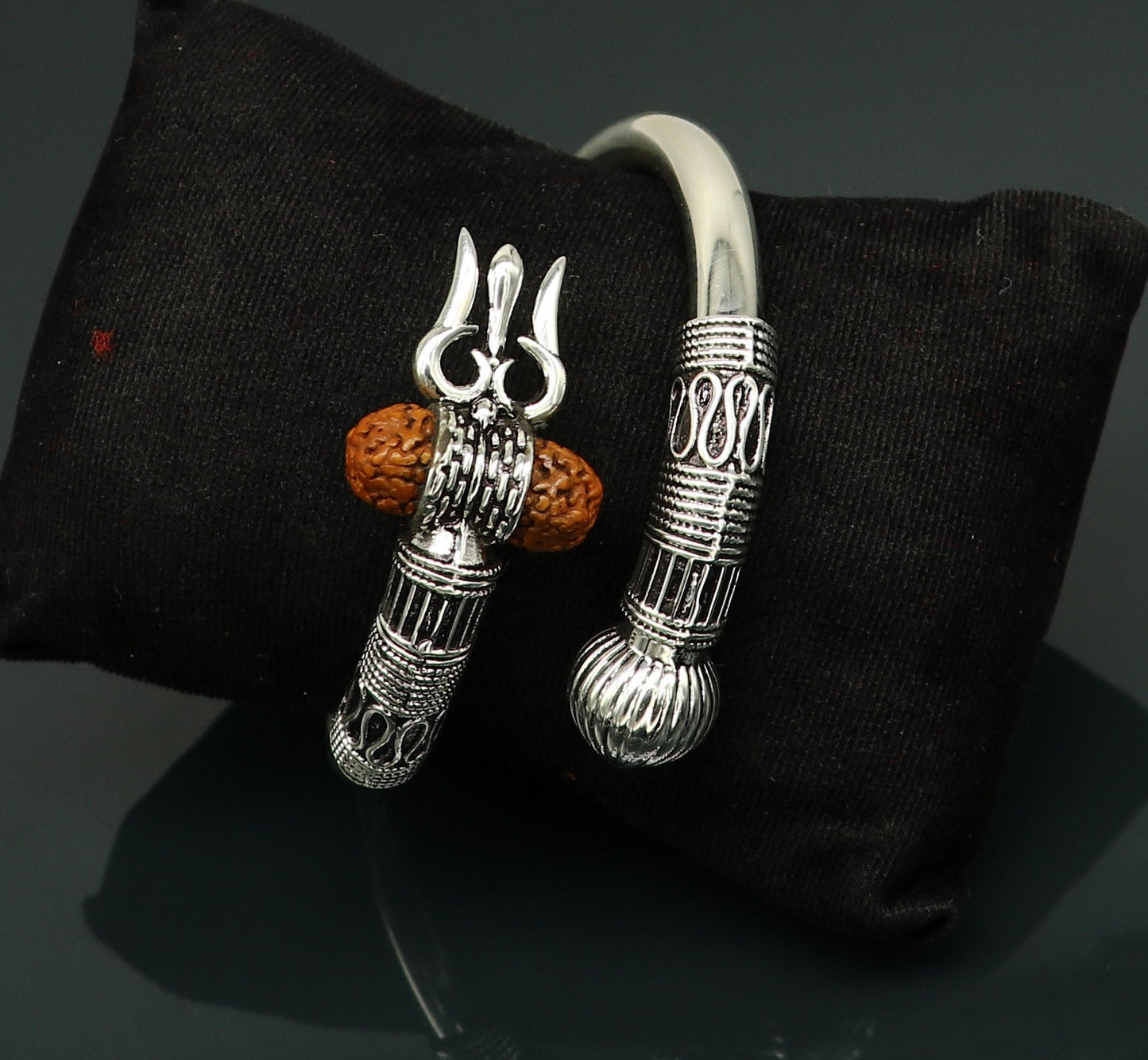 925 Sterling silver handmade plain shiny Lord Shiva trident trishul kada bangle bracelet with natural Rudraksha customized kada nssk417 - TRIBAL ORNAMENTS