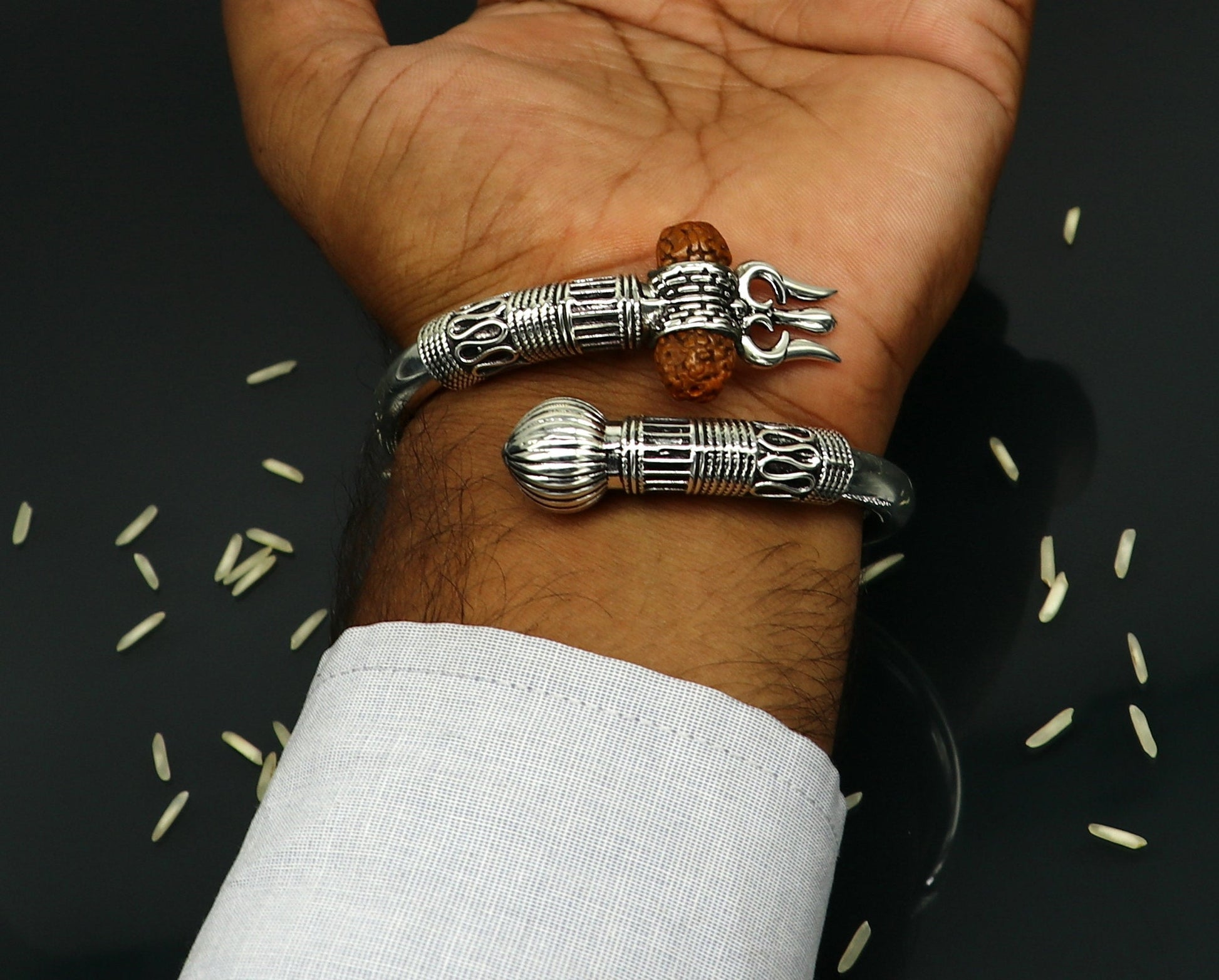 925 Sterling silver handmade plain shiny Lord Shiva trident trishul kada bangle bracelet with natural Rudraksha customized kada nssk415 - TRIBAL ORNAMENTS