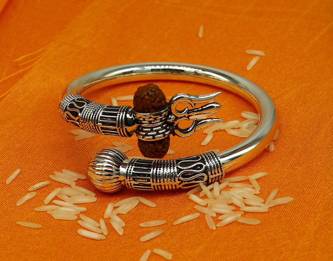925 Sterling silver handmade plain shiny Lord Shiva trident trishul kada bangle bracelet with natural Rudraksha customized kada nssk417 - TRIBAL ORNAMENTS