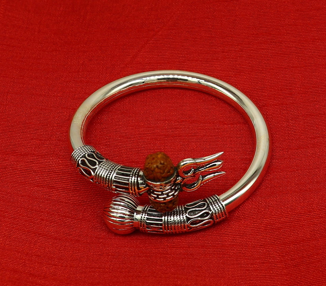 925 Sterling silver handmade plain shiny Lord Shiva trident trishul kada bangle bracelet with natural Rudraksha customized kada nssk417 - TRIBAL ORNAMENTS