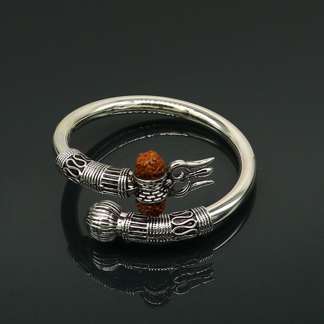 925 Sterling silver handmade plain shiny Lord Shiva trident trishul kada bangle bracelet with natural Rudraksha customized kada nssk417 - TRIBAL ORNAMENTS