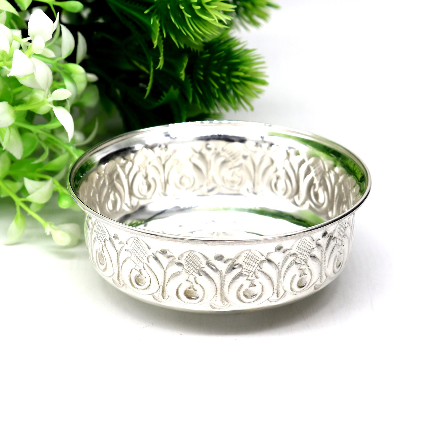 999 fine silver handmade kandrai nakshi work bowl, silver puja vessel, silver worshipping/puja utensils prasad bowl baby bowl sv215 - TRIBAL ORNAMENTS