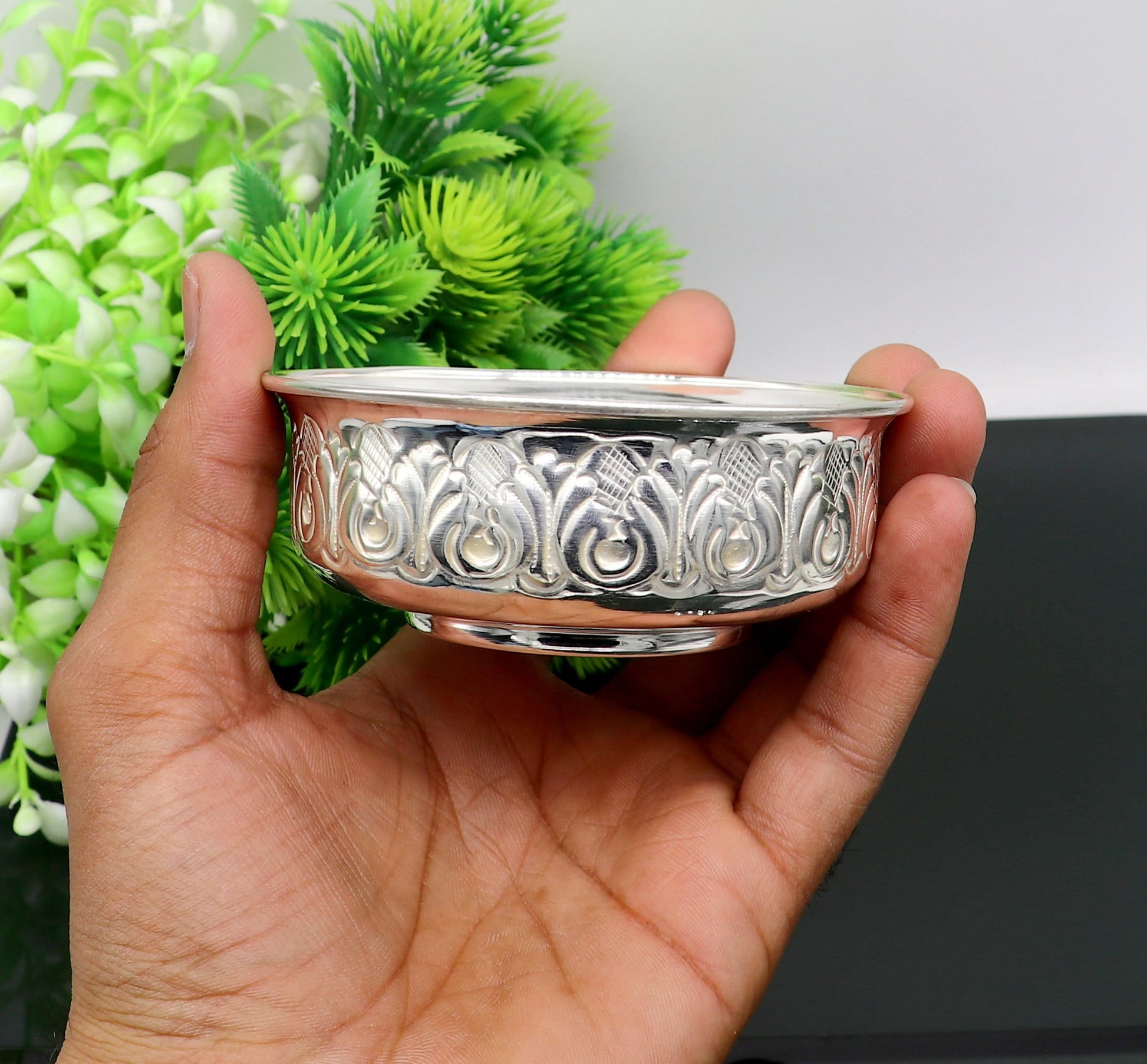 999 fine silver handmade kandrai nakshi work bowl, silver puja vessel, silver worshipping/puja utensils prasad bowl baby bowl sv215 - TRIBAL ORNAMENTS