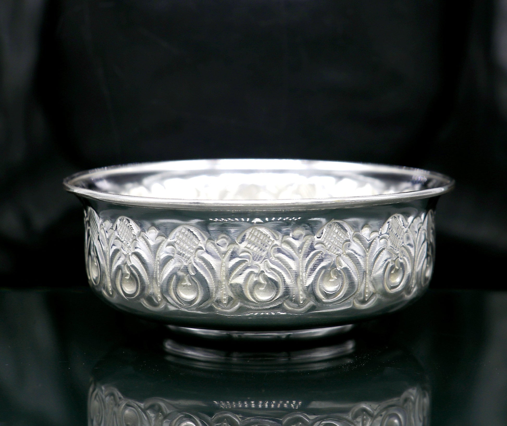 999 fine silver handmade kandrai nakshi work bowl, silver puja vessel, silver worshipping/puja utensils prasad bowl baby bowl sv215 - TRIBAL ORNAMENTS