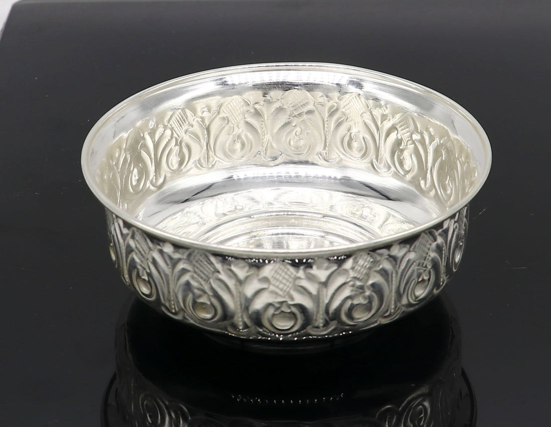 999 fine silver handmade kandrai nakshi work bowl, silver puja vessel, silver worshipping/puja utensils prasad bowl baby bowl sv216 - TRIBAL ORNAMENTS