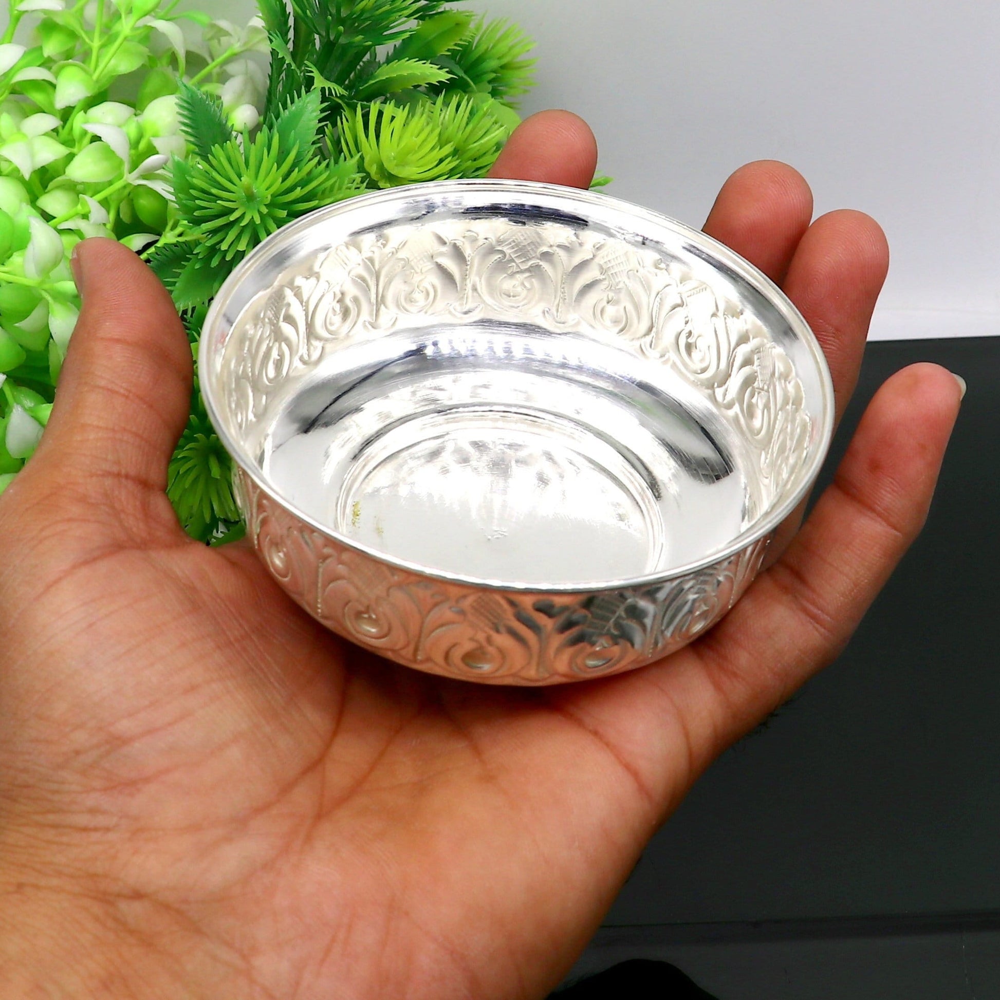 999 fine silver handmade kandrai nakshi work bowl, silver puja vessel, silver worshipping/puja utensils prasad bowl baby bowl sv216 - TRIBAL ORNAMENTS