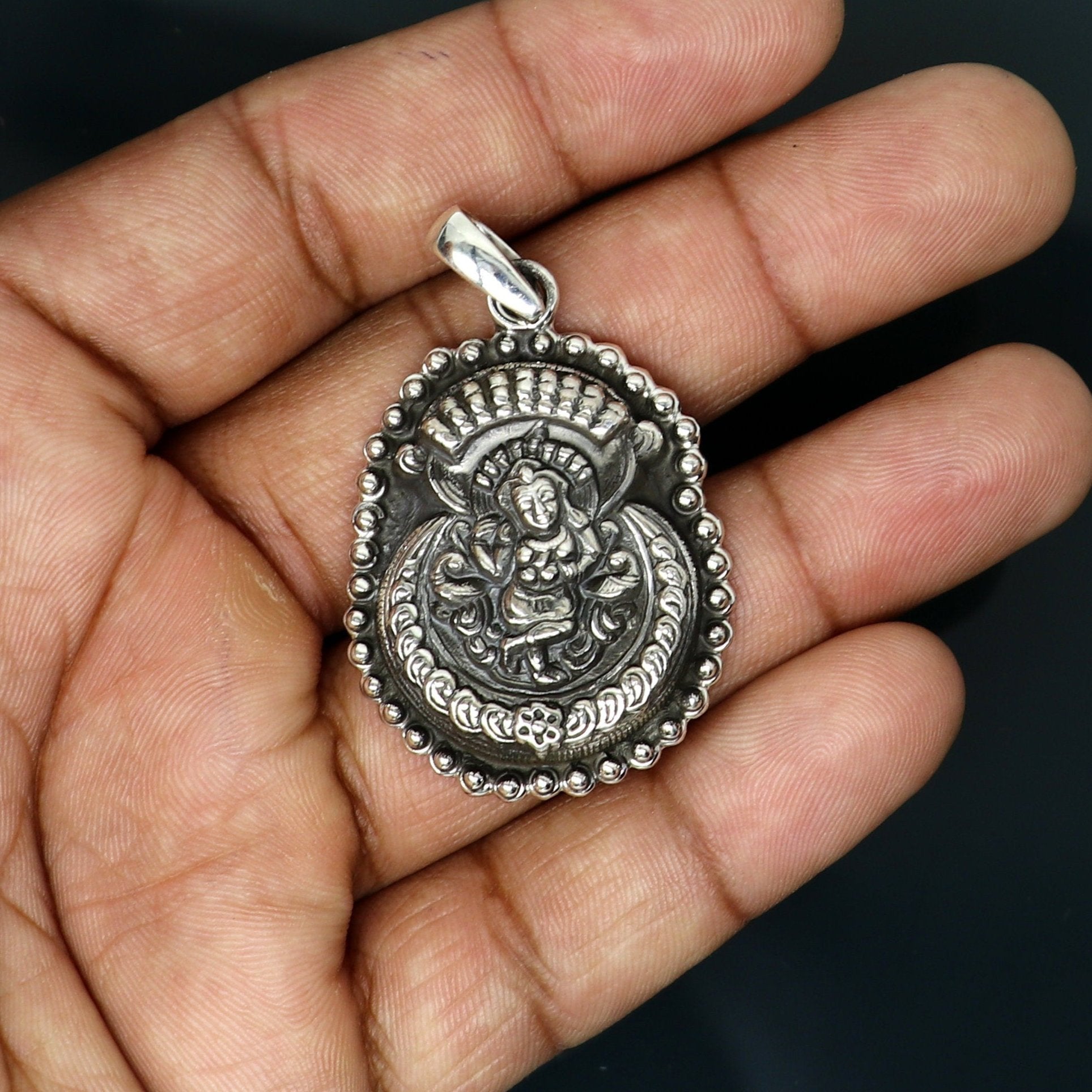925 sterling silver Vintage antique design handmade God Krishna fabulous pendant tribal belly dance temple jewelry from india nsp426 - TRIBAL ORNAMENTS