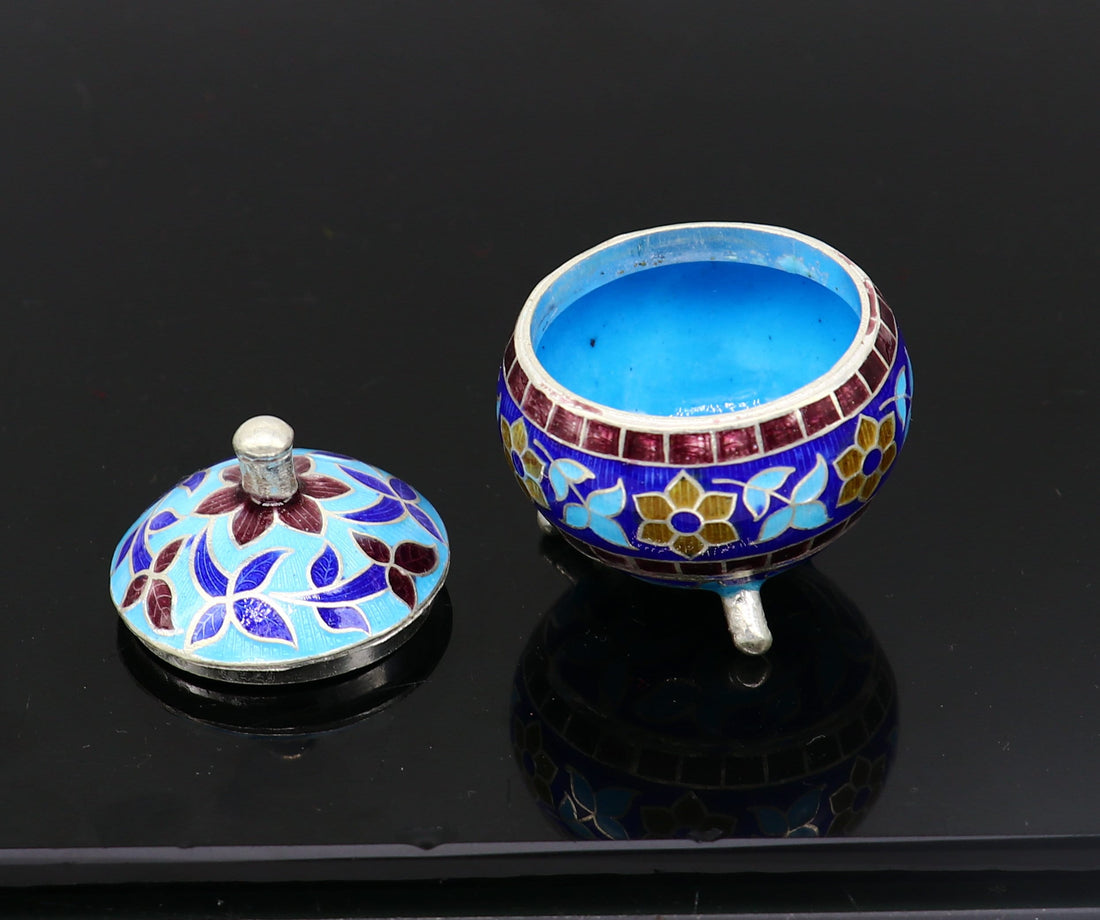 925 Sterling silver handmade fabulous trinket box, solid container box, casket box, sindoor box, enamel work customized gifting box stb145 - TRIBAL ORNAMENTS
