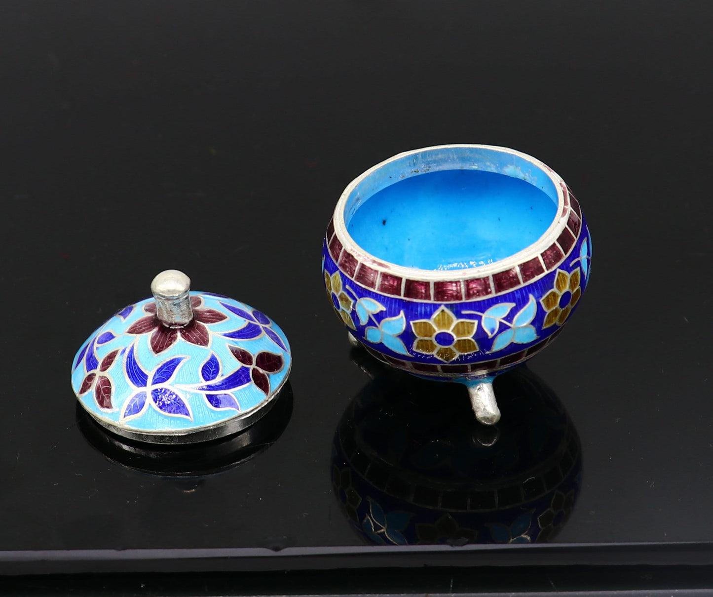 925 Sterling silver handmade fabulous trinket box, solid container box, casket box, sindoor box, enamel work customized gifting box stb145 - TRIBAL ORNAMENTS