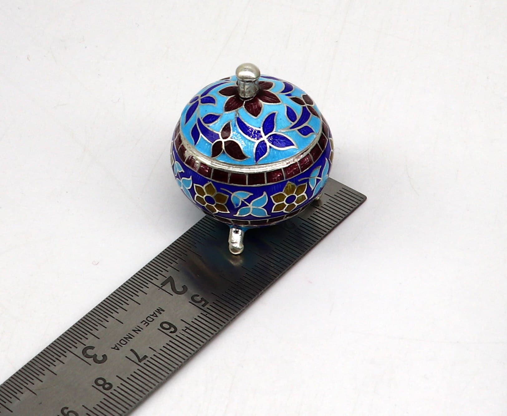 925 Sterling silver handmade fabulous trinket box, solid container box, casket box, sindoor box, enamel work customized gifting box stb145 - TRIBAL ORNAMENTS