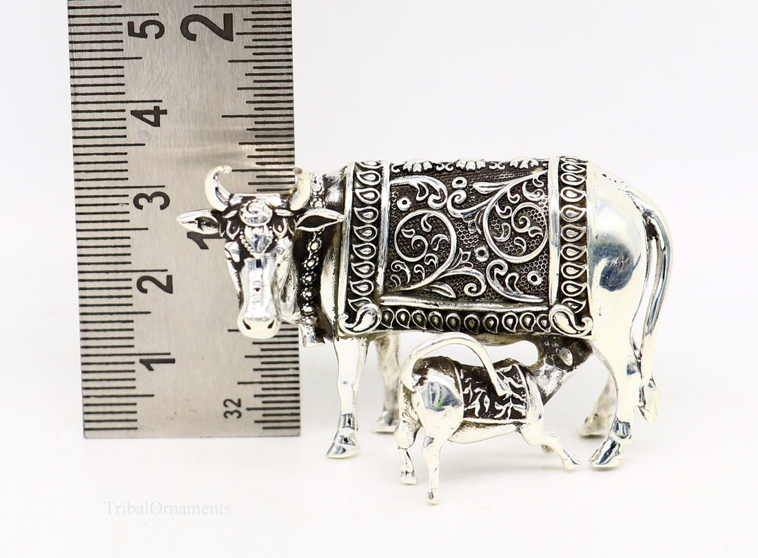 Divine cow with calf 925 sterling silver vintage Nakshi work design Kamdhenu cow, deity's cow, wishing cow, silver worshipping puja stb120 - TRIBAL ORNAMENTS