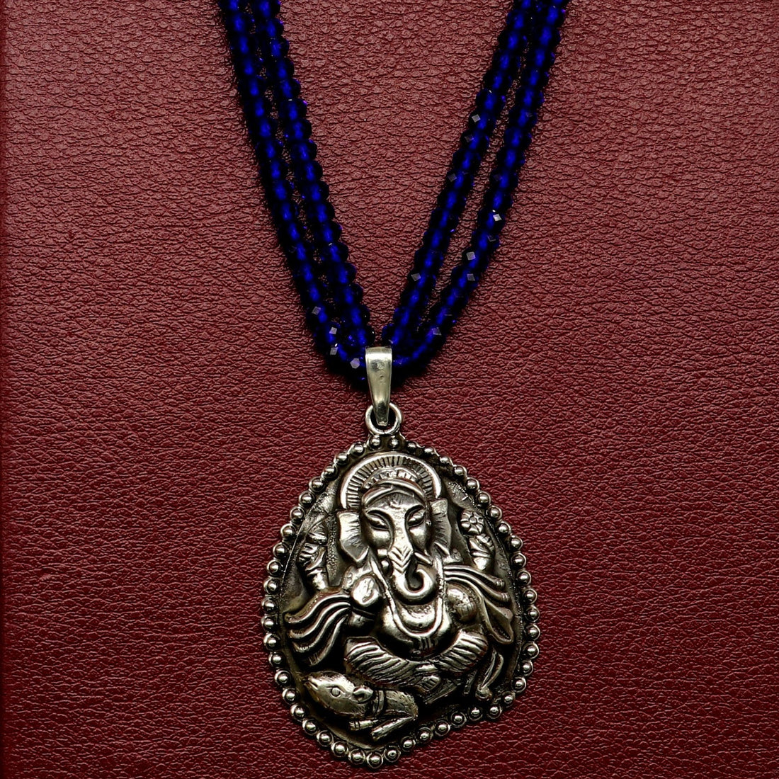 925 sterling silver handmade Gorgeous blue agates stone beads string Ganesha pendant adjustable necklace tribal temple jewelry set194 - TRIBAL ORNAMENTS