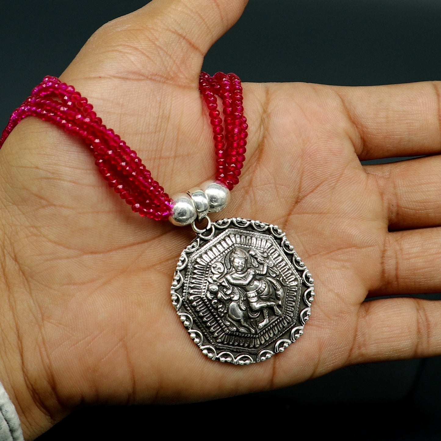 925 sterling silver handmade Gorgeous red agate stone beads string Krishna pendant adjustable necklace tribal ethnic temple jewelry set196 - TRIBAL ORNAMENTS