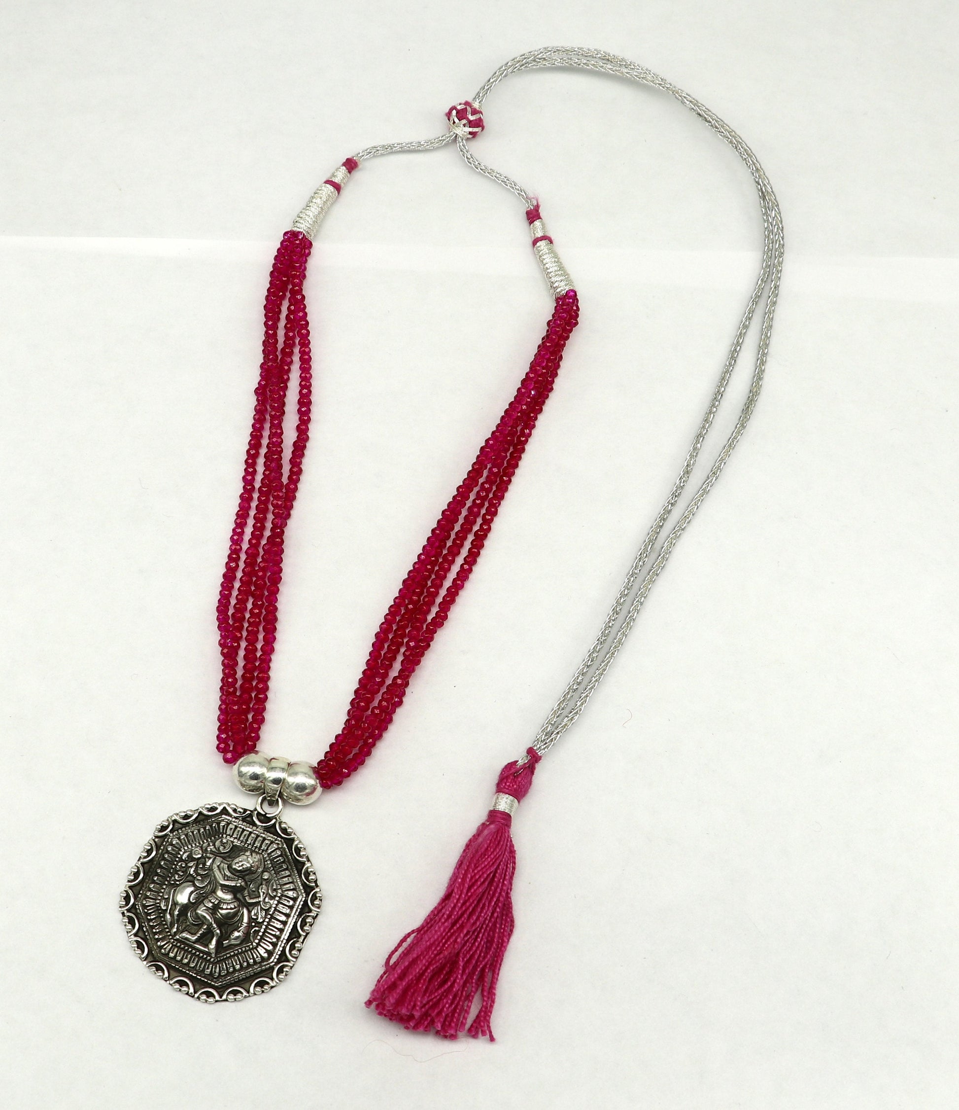 925 sterling silver handmade Gorgeous red agate stone beads string Krishna pendant adjustable necklace tribal ethnic temple jewelry set196 - TRIBAL ORNAMENTS