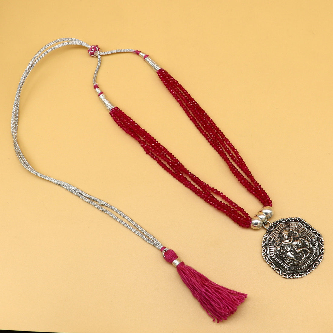 925 sterling silver handmade Gorgeous red agate stone beads string Krishna pendant adjustable necklace tribal ethnic temple jewelry set196 - TRIBAL ORNAMENTS