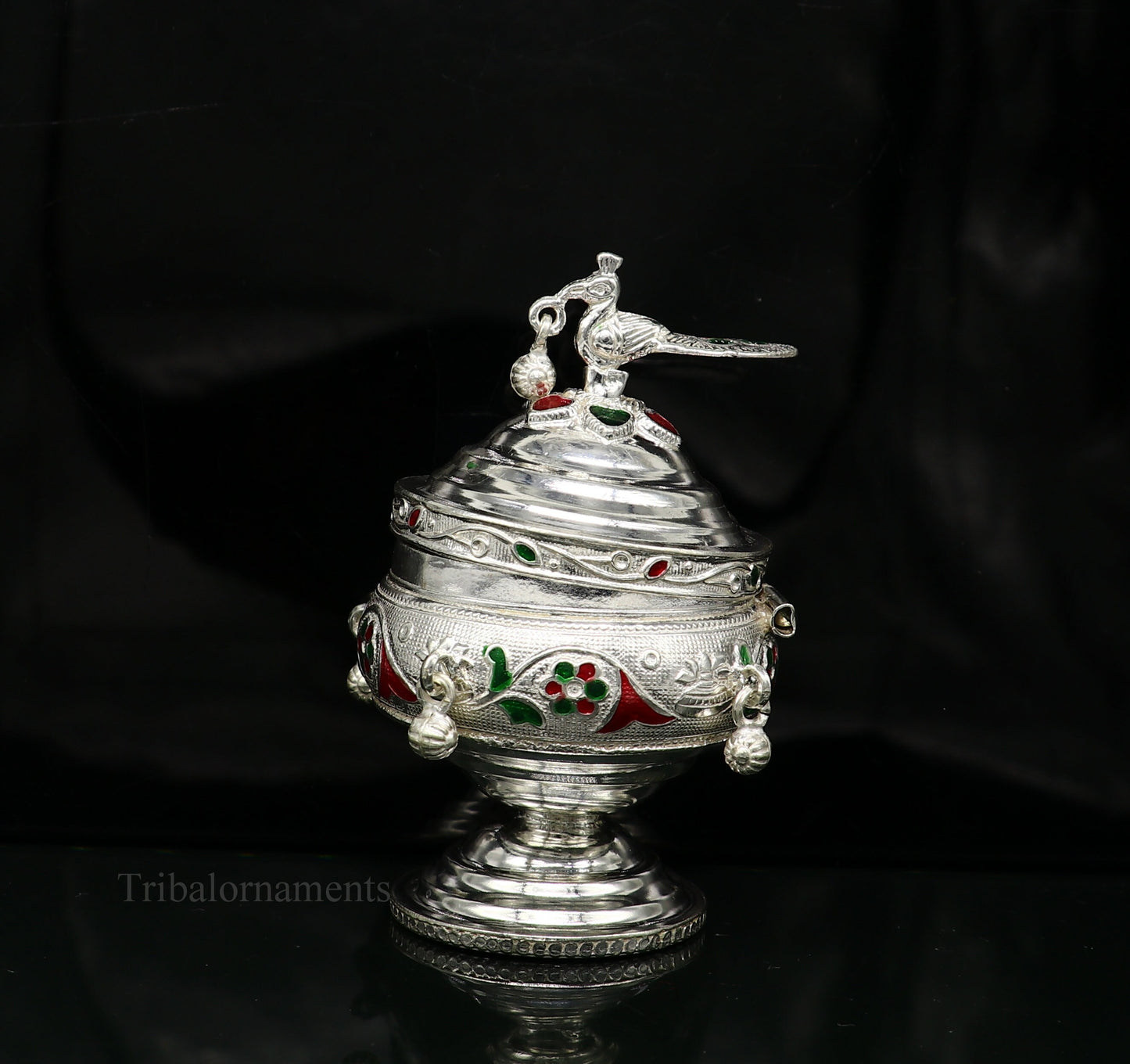 925 sterling silver handmade flower work enamel design vintage trinket box, brides accessories, kumkum sindur box, idols prasad box stb156 - TRIBAL ORNAMENTS