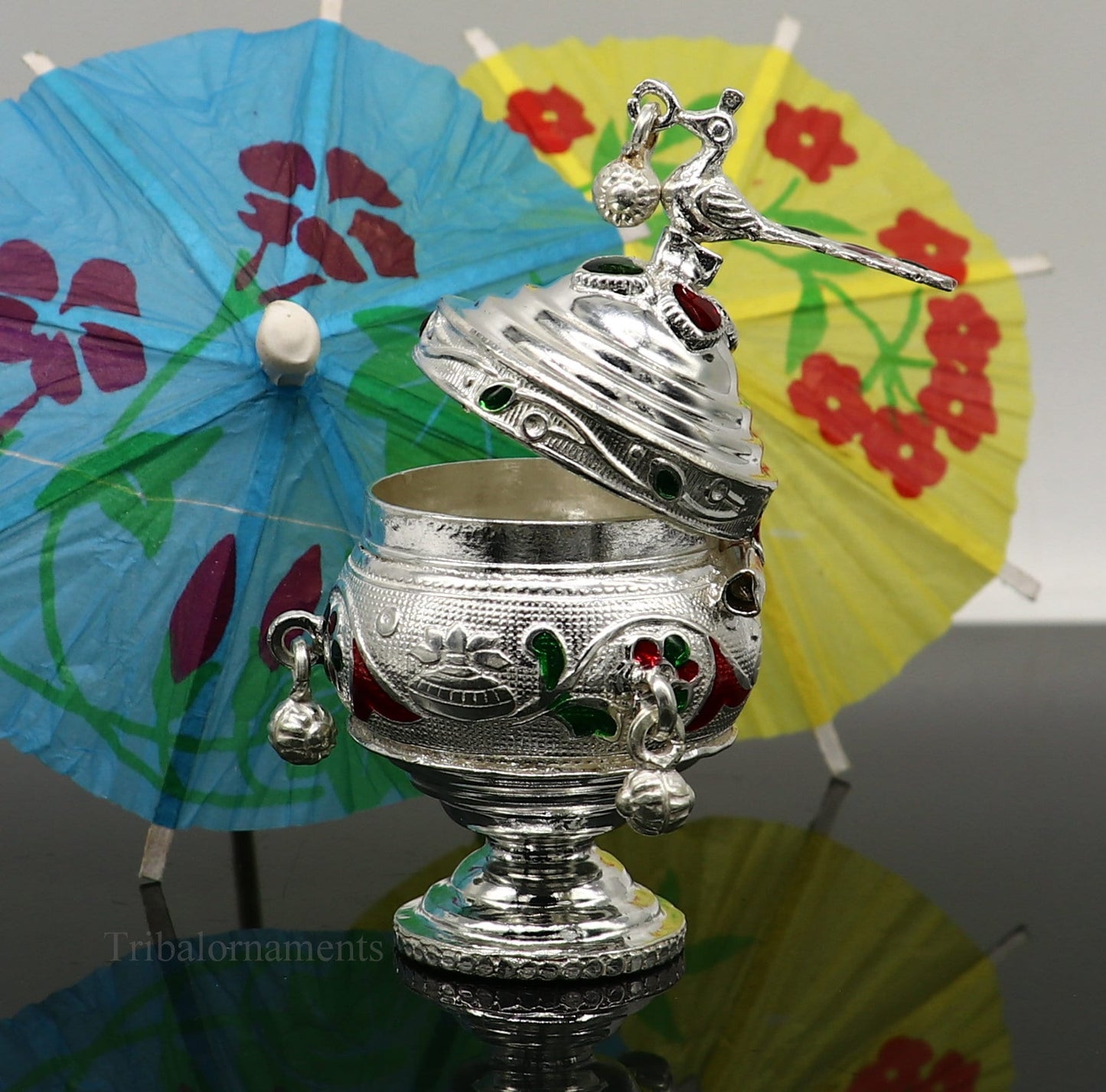 925 sterling silver handmade enamel design vintage trinket box Krishna Prasadam serving box , brides accessories, kumkum sindur box stb158 - TRIBAL ORNAMENTS