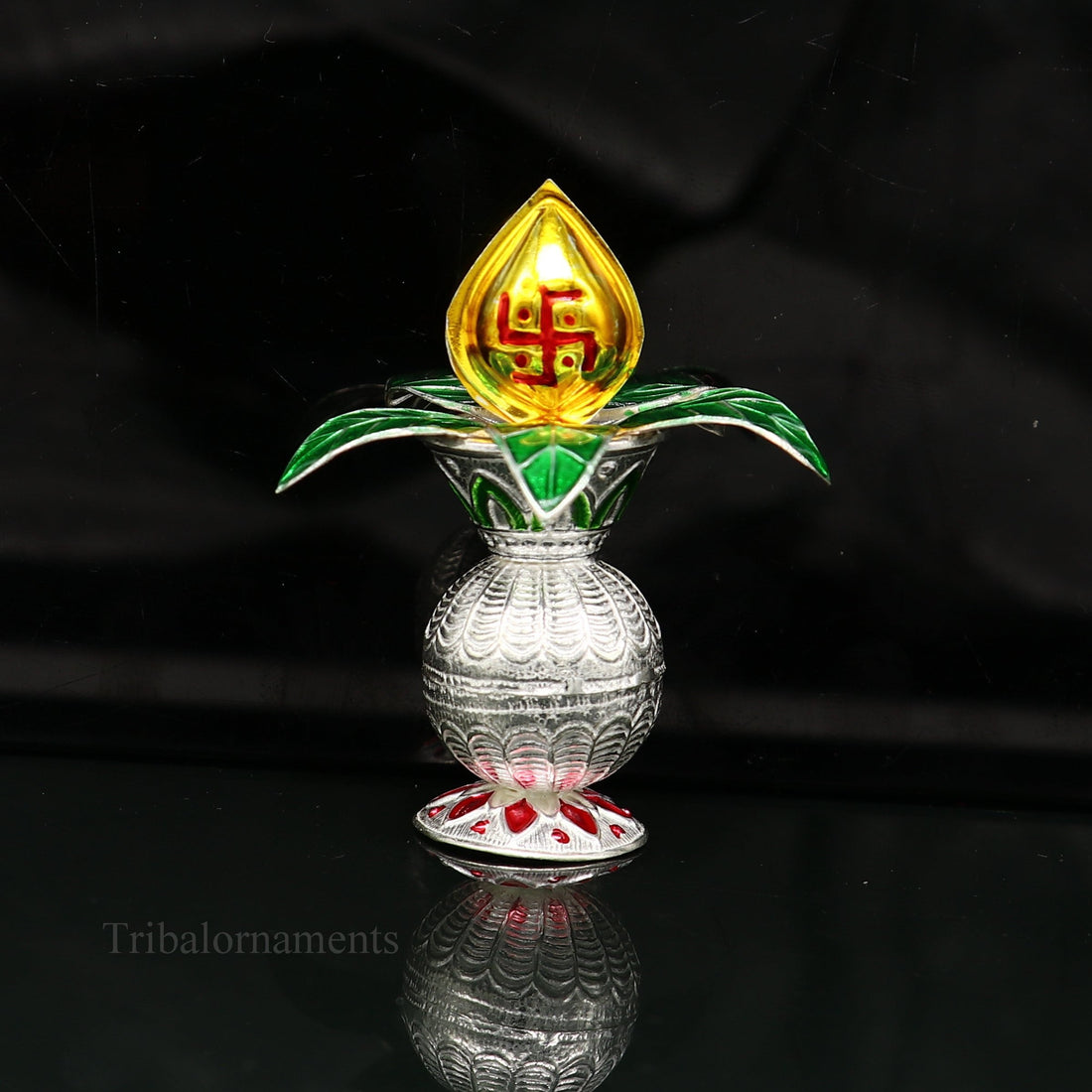 Solid sterling silver handmade vintage design puja kalash with silver coconuts and leaf, excellent home temple article worshipping su360 - TRIBAL ORNAMENTS