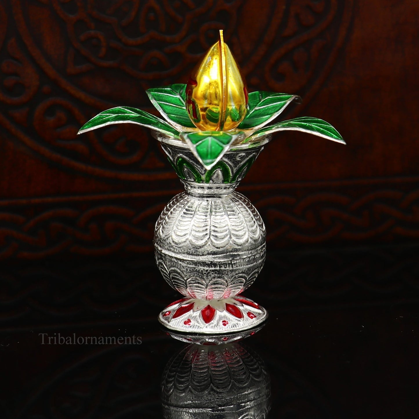 Solid sterling silver handmade vintage design puja kalash with silver coconuts and leaf, excellent home temple article worshipping su360 - TRIBAL ORNAMENTS