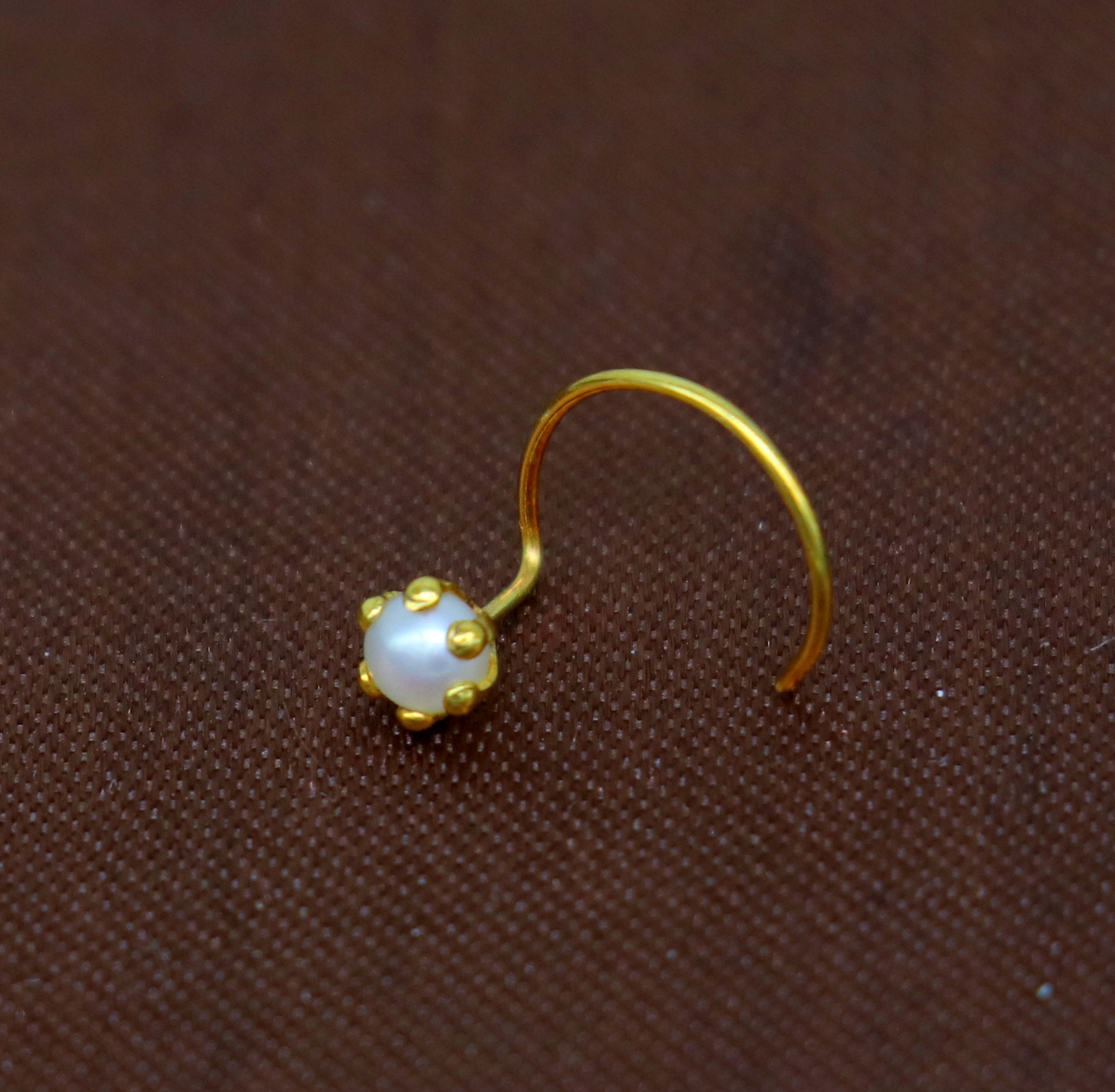 18 kt yellow fine gold fabulous nose pin, excellent single pearl nose pin, stunning design gifting gold jewelry for girl's women's gnp37 - TRIBAL ORNAMENTS