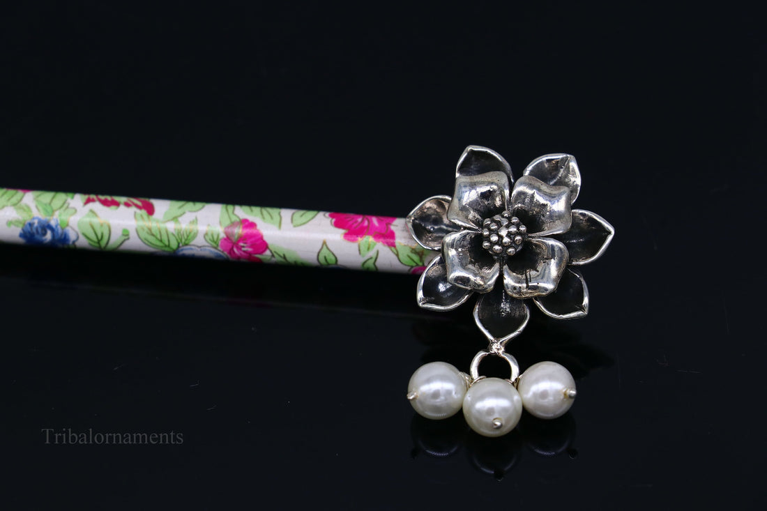 925 sterling silver customized rose flower design hair pin with wooden painted stick amazing hair jewelry brides gifting  hc13 - TRIBAL ORNAMENTS