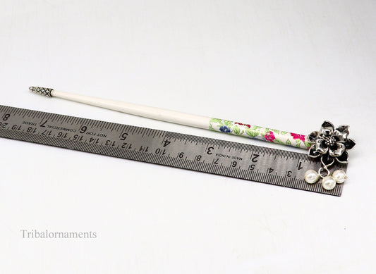 925 sterling silver customized rose flower design hair pin with wooden painted stick amazing hair jewelry brides gifting  hc13 - TRIBAL ORNAMENTS