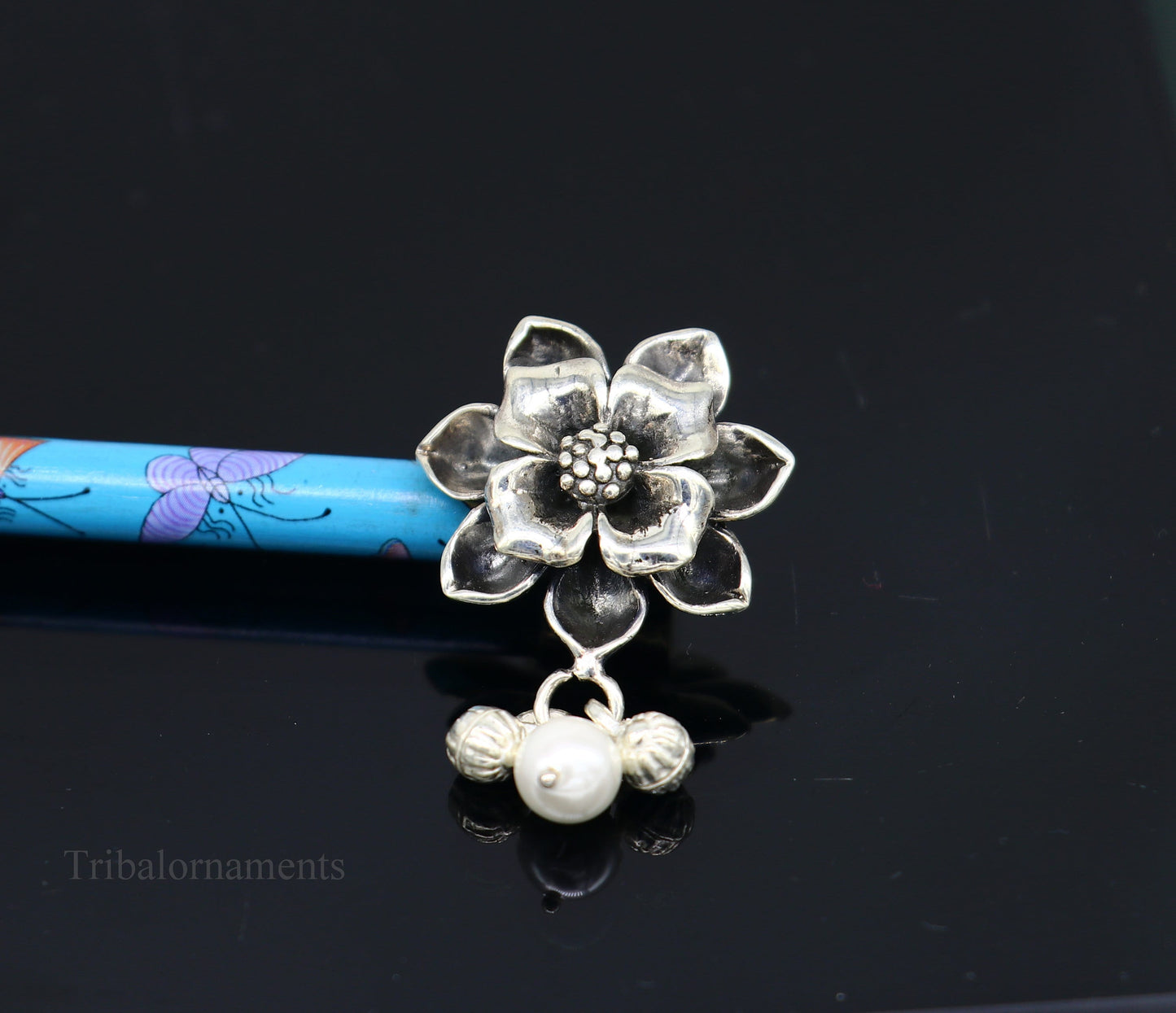 Vintage style 925 sterling silver handmade rose flower design hair jewelry with wooden stick and pearl, best brides jewelry collection hc12 - TRIBAL ORNAMENTS