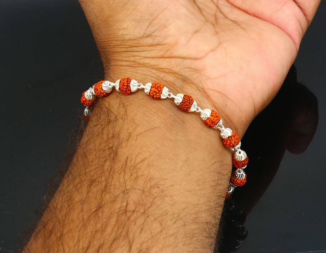 Solid silver handmade 6 mm Natural Rudraksha beads stunning divine bracelet jewelry from Rajasthan India  nsbr298 - TRIBAL ORNAMENTS