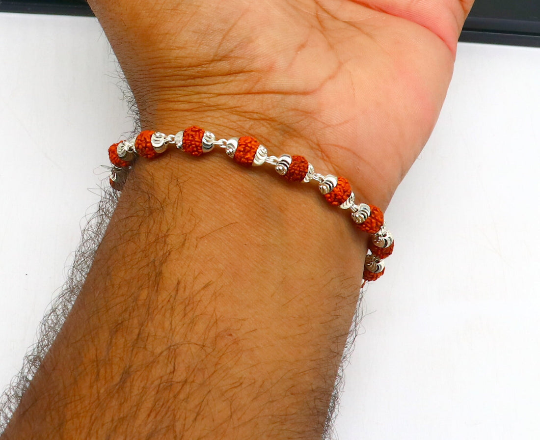 Solid silver handmade 6 mm Natural Rudraksha beads stunning divine bracelet jewelry from Rajasthan India  nsbr298 - TRIBAL ORNAMENTS