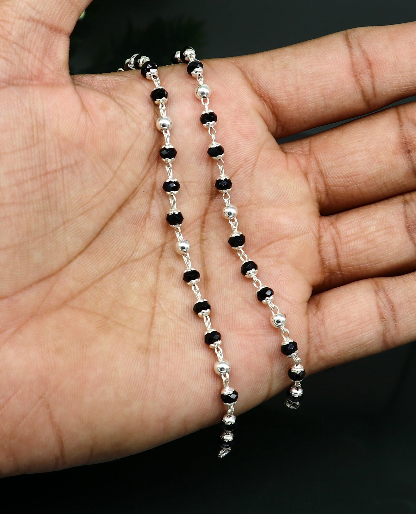 925 sterling silver customized black beads Nazariya bracelet, protect from evil eyes, new born baby bracelet stylish jewelry india bbr14 - TRIBAL ORNAMENTS