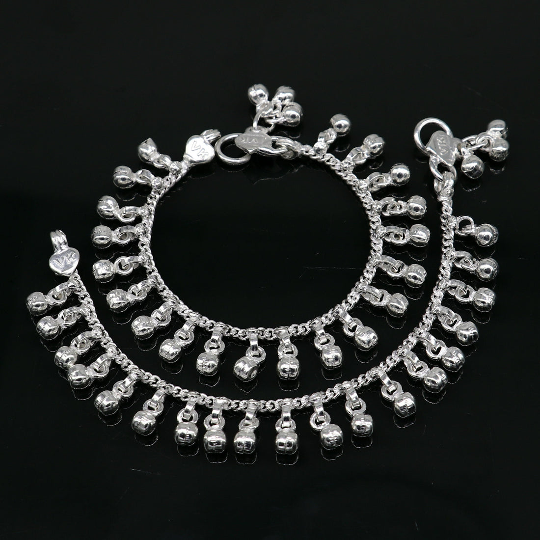 5" long Vintage design sterling silver handmade amazing waved noisy hanging drops bells baby anklet, ankle bracelet, charm bracelet ank430 - TRIBAL ORNAMENTS