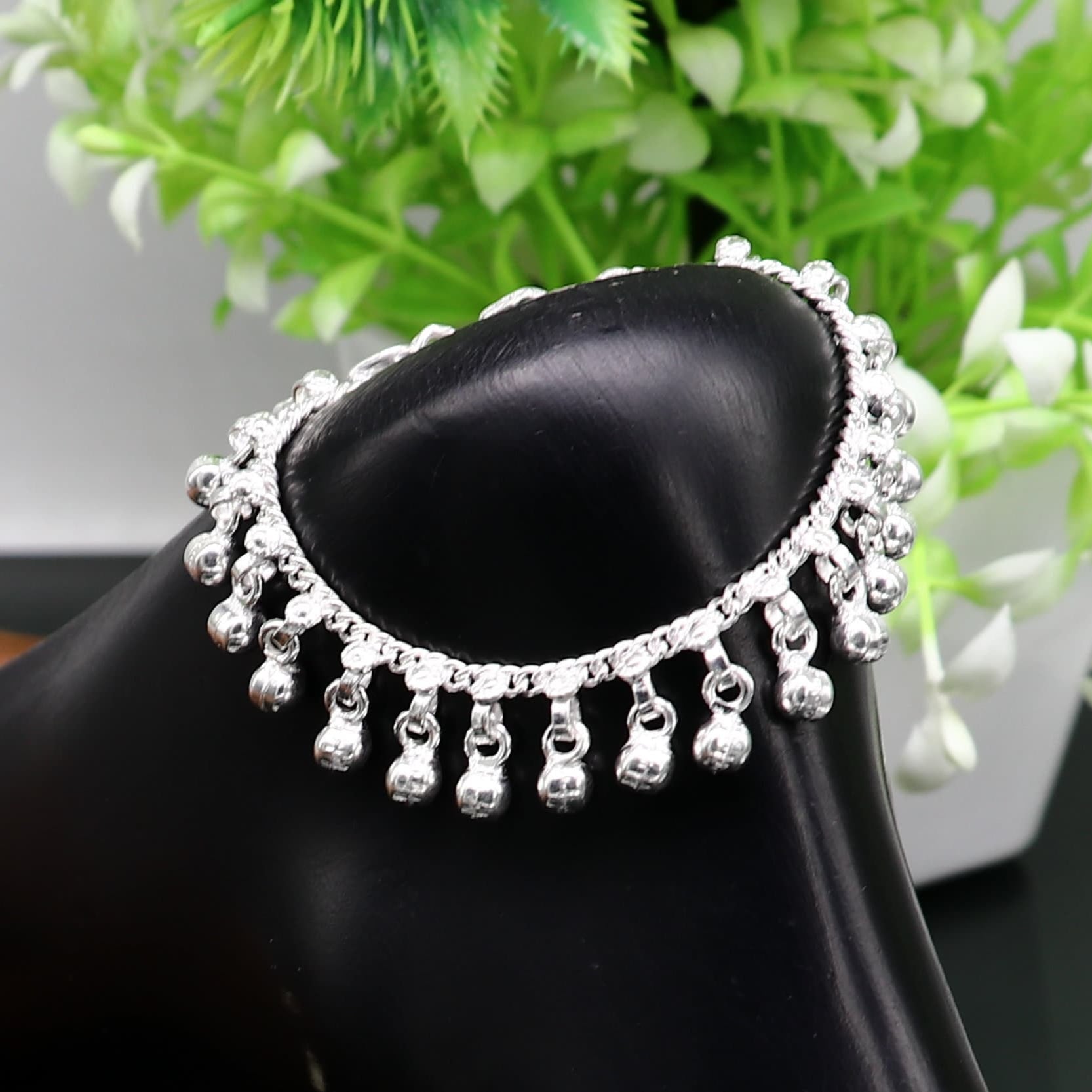5" long Vintage design sterling silver handmade amazing waved noisy hanging drops bells baby anklet, ankle bracelet, charm bracelet ank430 - TRIBAL ORNAMENTS