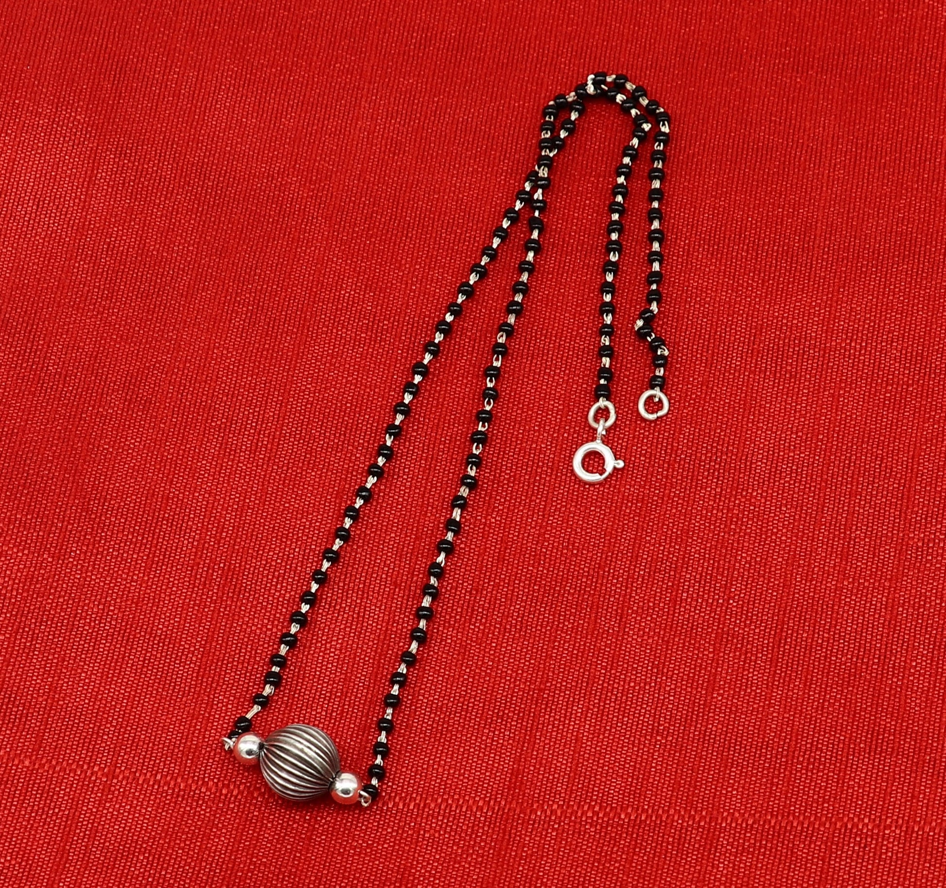 Pure 925 sterling silver black beads chain necklace, vintage ball pendant, traditional style brides Mangalsutra necklace set215 - TRIBAL ORNAMENTS